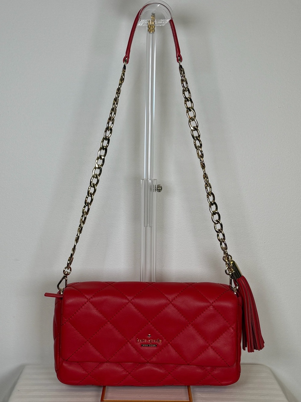 Kate Spade Emerson Place ‘Serena’ Vibrant Red Quilted Bag W/ Gold Chain Strap